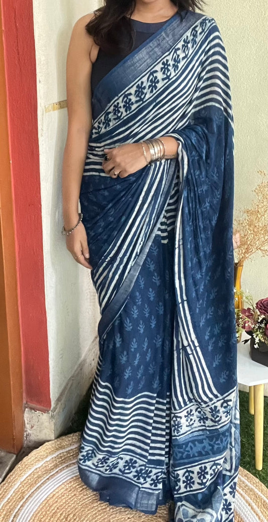 Indigo Blue Cotton Linen Saree with Bagru Handblock Print Saree Handloom saree, handcrafted saree, daily wear saree, office saree, affordable saree, saree for summers, Suta sarees, Eternity by Sakshi Sarees,
