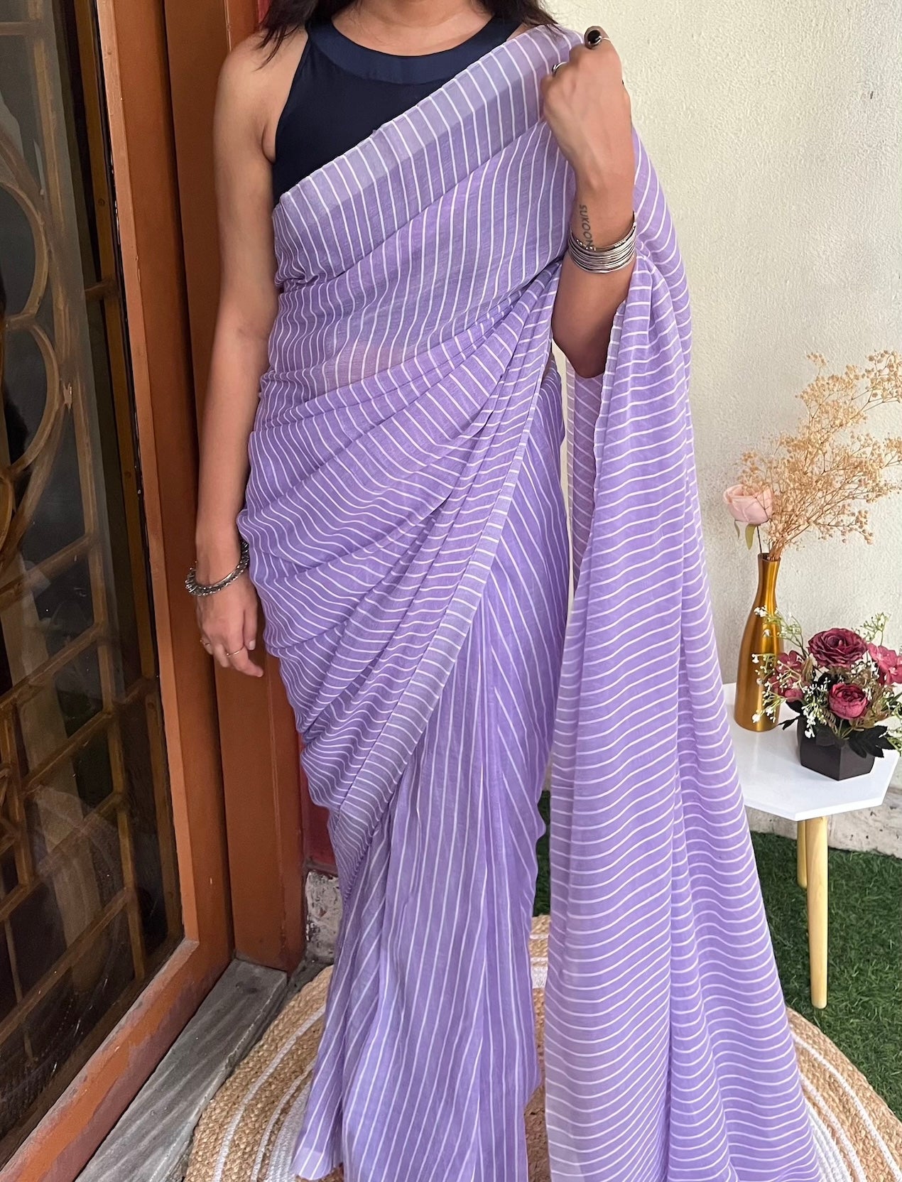 Lavender Khadi Cotton All Over Stripes Saree with Tassels Saree Handloom saree, handcrafted saree, daily wear saree, office saree, affordable saree, saree for summers, Suta sarees, Eternity by Sakshi Sarees,