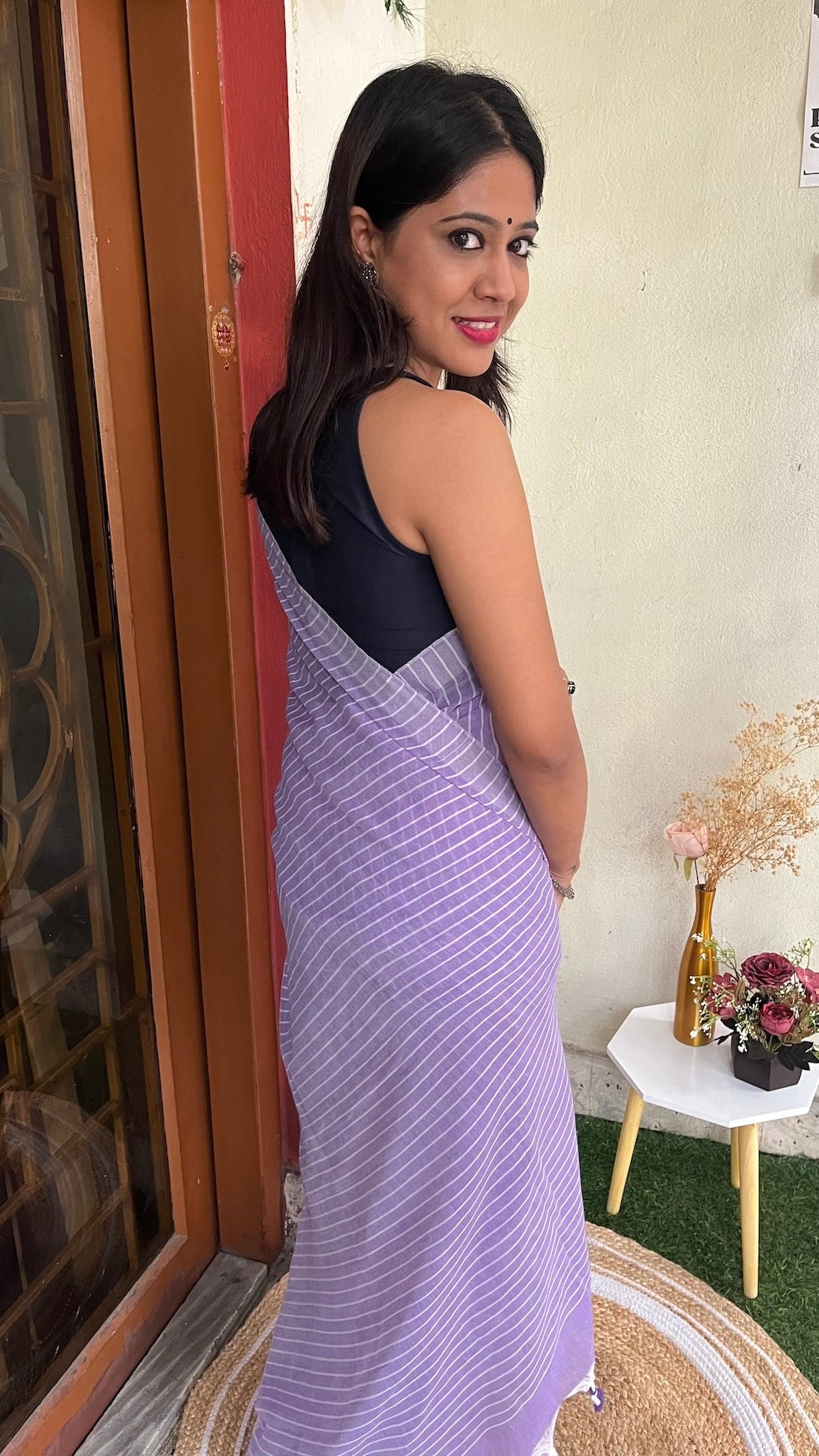 Lavender Khadi Cotton All Over Stripes Saree with Tassels Saree Handloom saree, handcrafted saree, daily wear saree, office saree, affordable saree, saree for summers, Suta sarees, Eternity by Sakshi Sarees,