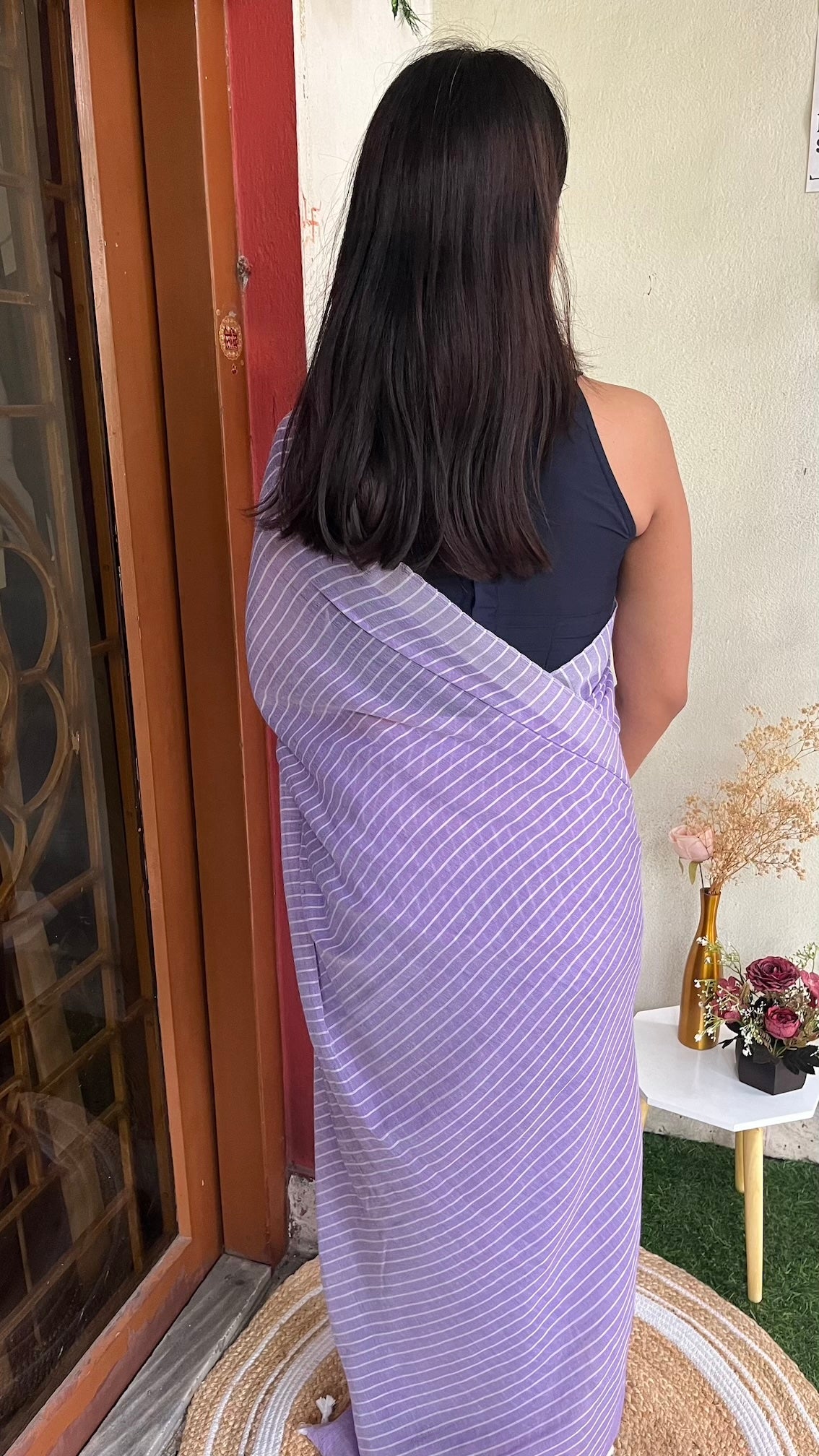 Lavender Khadi Cotton All Over Stripes Saree with Tassels Saree Handloom saree, handcrafted saree, daily wear saree, office saree, affordable saree, saree for summers, Suta sarees, Eternity by Sakshi Sarees,