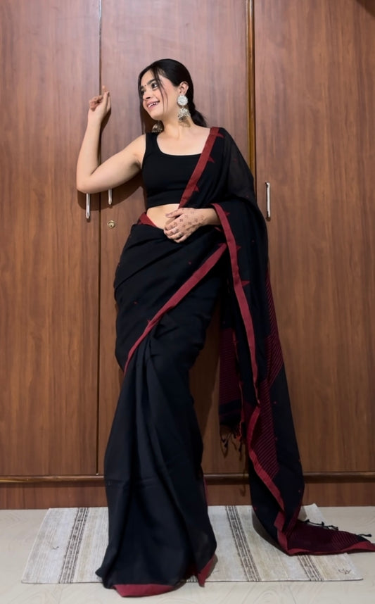 Black Pure Cotton Saree with Red Jamdani Buta All Over Saree Handloom saree, handcrafted saree, daily wear saree, office saree, affordable saree, saree for summers, Suta sarees, Eternity by Sakshi Sarees,