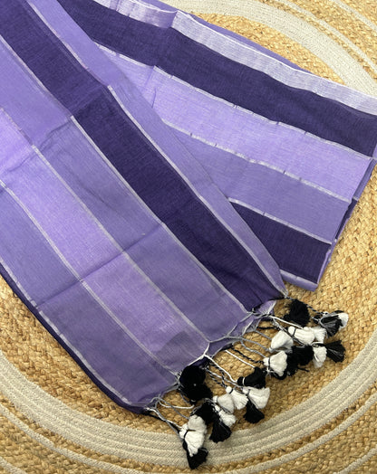 Purple Mul Cotton Saree with Broad Stripes and Tassels
