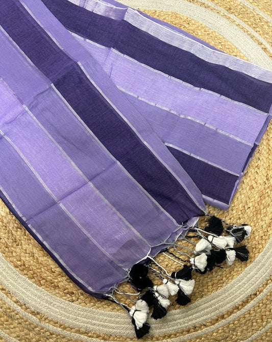 Purple Mul Cotton Saree with Broad Stripes and Tassels