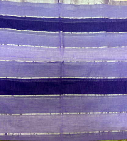 Purple Mul Cotton Saree with Broad Stripes and Tassels