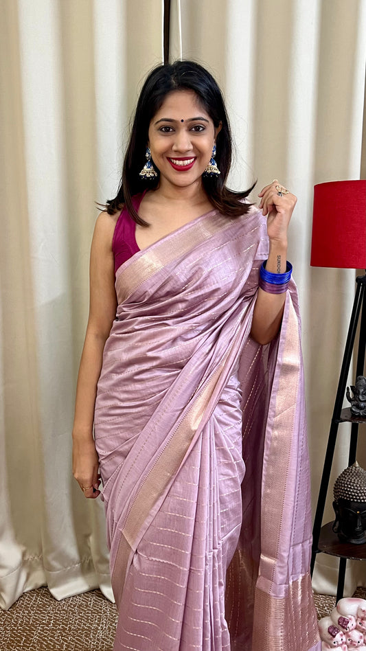 Onion Lightweight Semi Silk Saree with All Over Zari Work