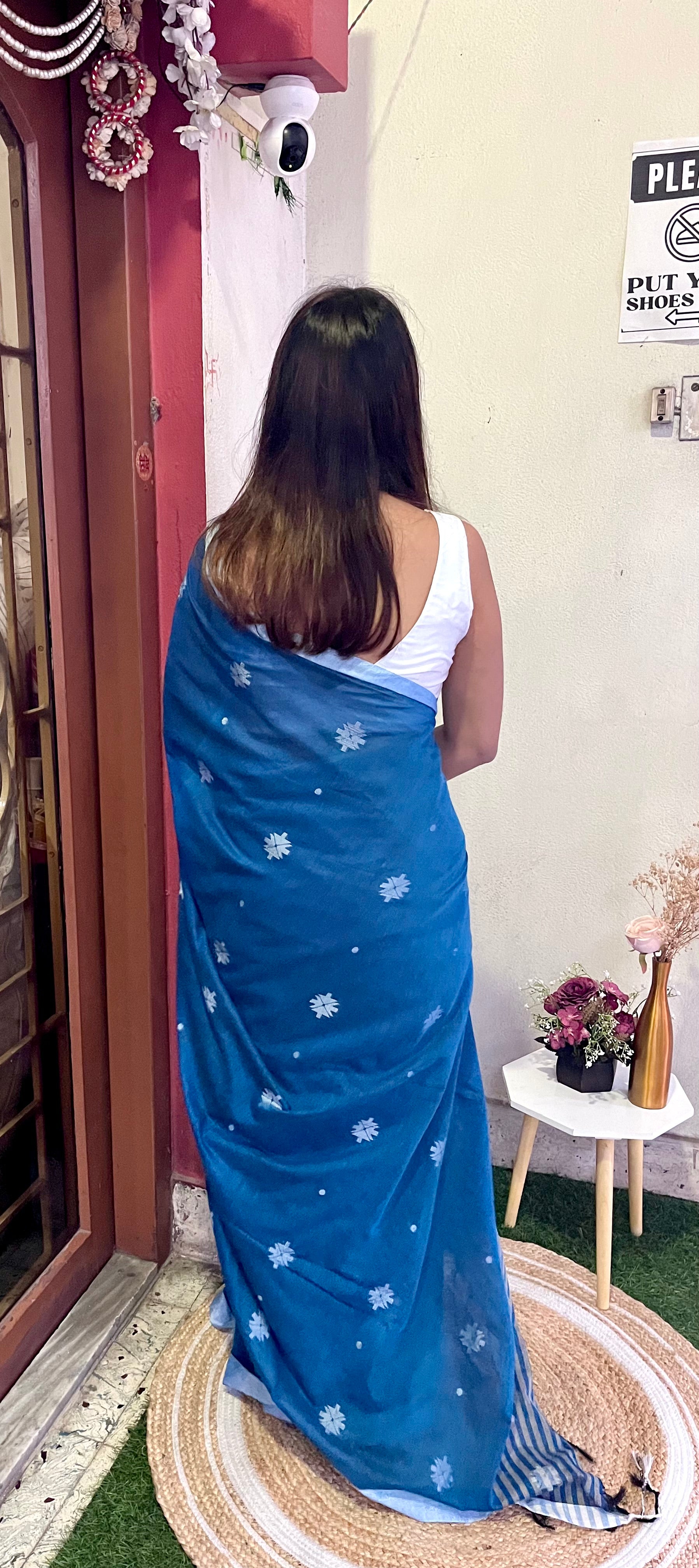 Blue Khadi Cotton with White Jamdani Weaving Saree Handloom saree, handcrafted saree, daily wear saree, office saree, affordable saree, saree for summers, Suta sarees, Eternity by Sakshi Sarees,