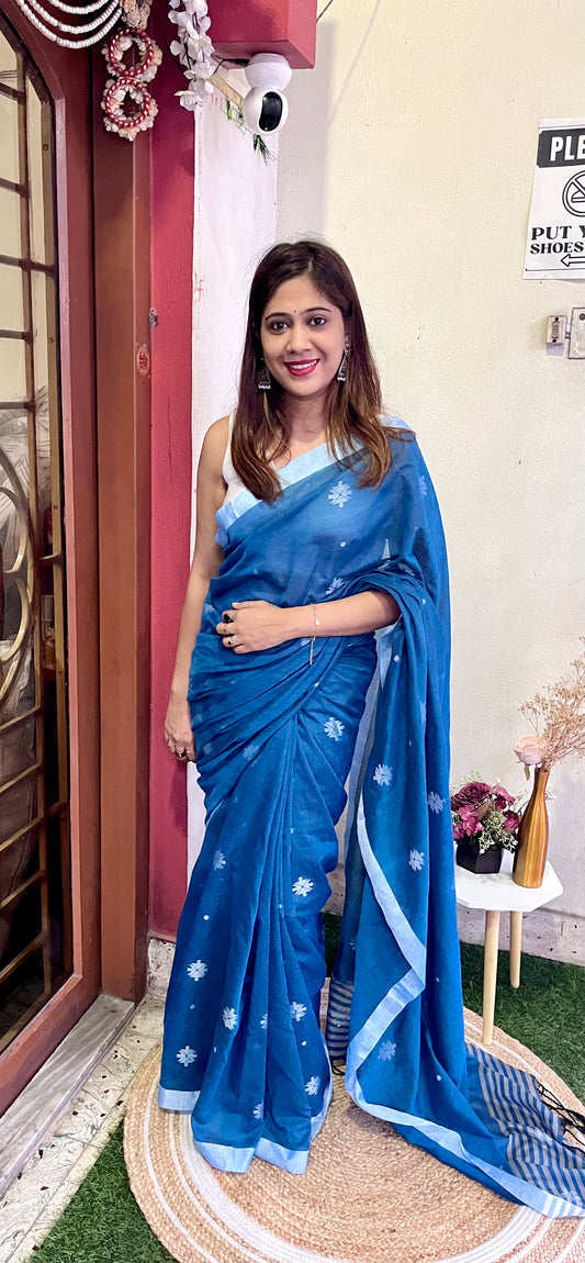 Blue Khadi Cotton with White Jamdani Weaving Saree Handloom saree, handcrafted saree, daily wear saree, office saree, affordable saree, saree for summers, Suta sarees, Eternity by Sakshi Sarees,