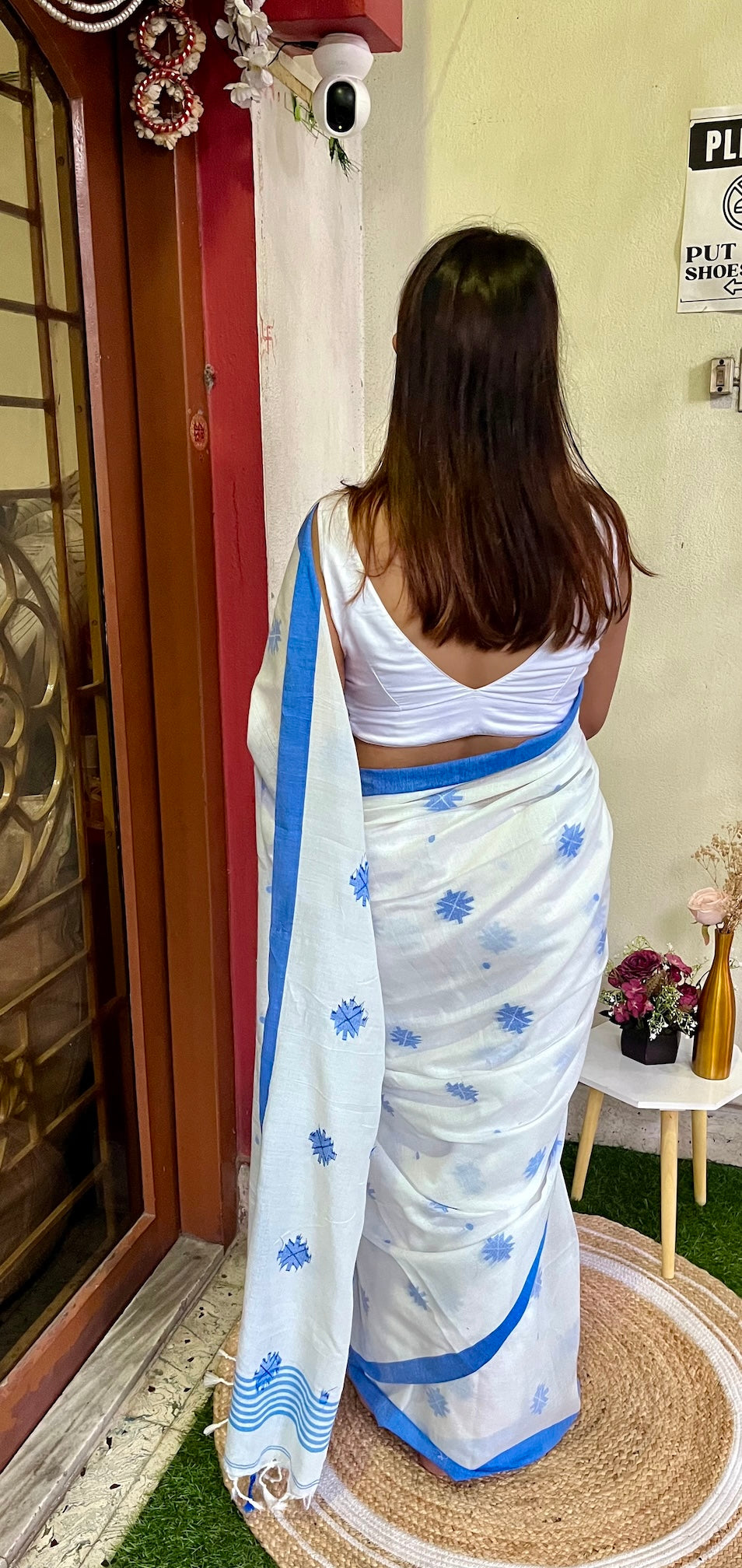 White Khadi Cotton With Blue Jamdani Weaving Saree Handloom saree, handcrafted saree, daily wear saree, office saree, affordable saree, saree for summers, Suta sarees, Eternity by Sakshi Sarees,
