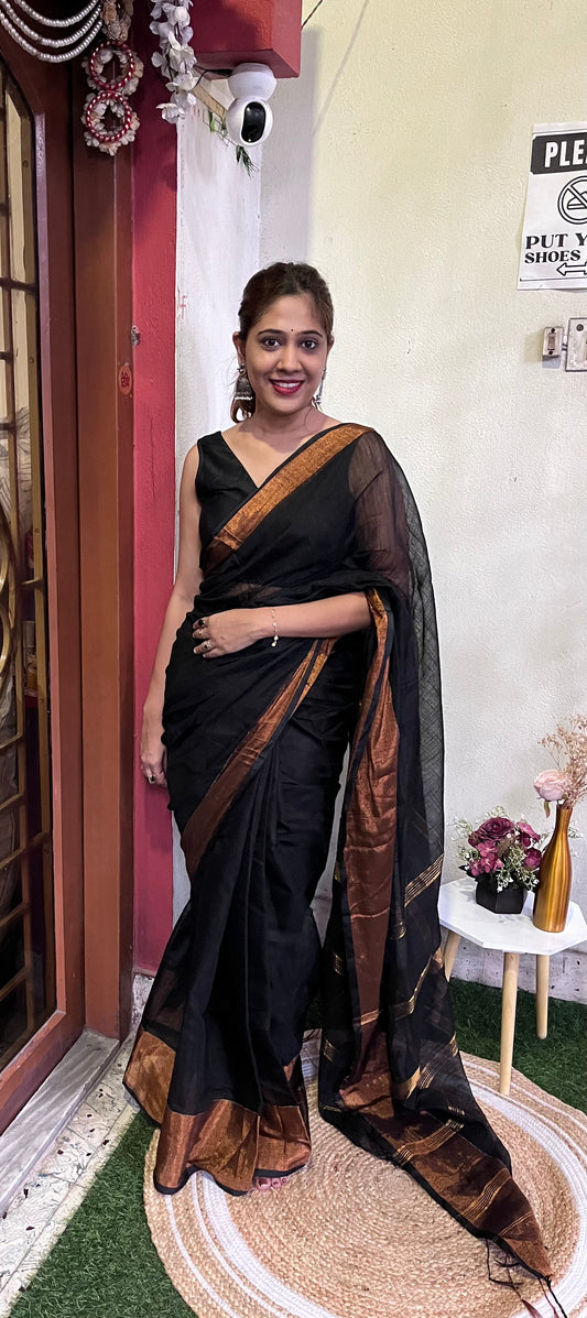 Black Solid Cotton Silk Saree with Gold and Copper Zari Stripes Saree Handloom saree, handcrafted saree, daily wear saree, office saree, affordable saree, saree for summers, Suta sarees, Eternity by Sakshi Sarees,