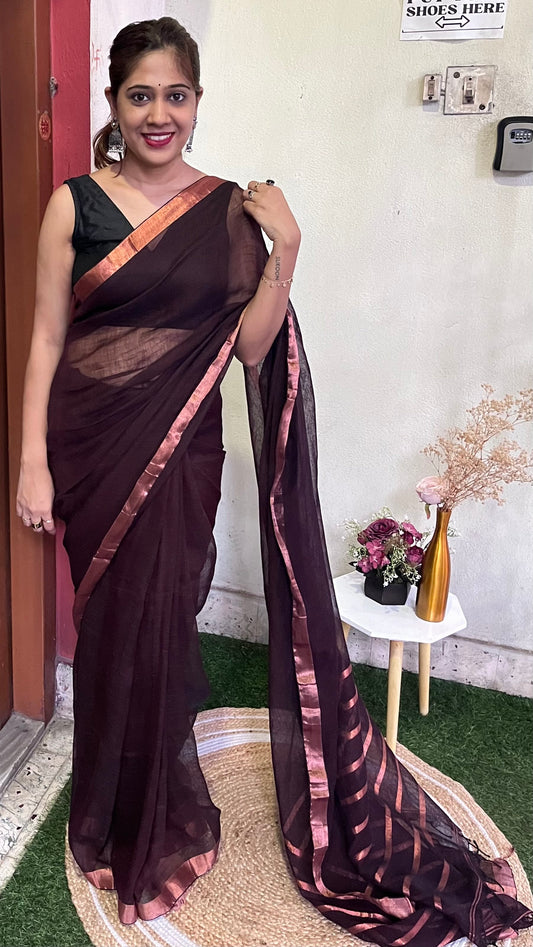 Maroon Cotton Linen with Zari Stripes Saree Handloom saree, handcrafted saree, daily wear saree, office saree, affordable saree, saree for summers, Suta sarees, Eternity by Sakshi Sarees,