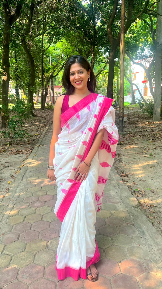 White Pure Cotton Saree with Heavy Pink Embroidery Work Saree Handloom saree, handcrafted saree, daily wear saree, office saree, affordable saree, saree for summers, Suta sarees, Eternity by Sakshi Sarees,