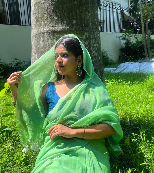 Green Mul Cotton Saree with All Over Golden Sequence & Tassels Saree Handloom saree, handcrafted saree, daily wear saree, office saree, affordable saree, saree for summers, Suta sarees, Eternity by Sakshi Sarees,