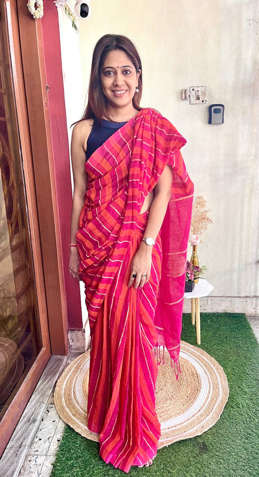 Orange and Pink Linen Saree with Stripes and Roses in Palla Saree Handloom saree, handcrafted saree, daily wear saree, office saree, affordable saree, saree for summers, Suta sarees, Eternity by Sakshi Sarees,