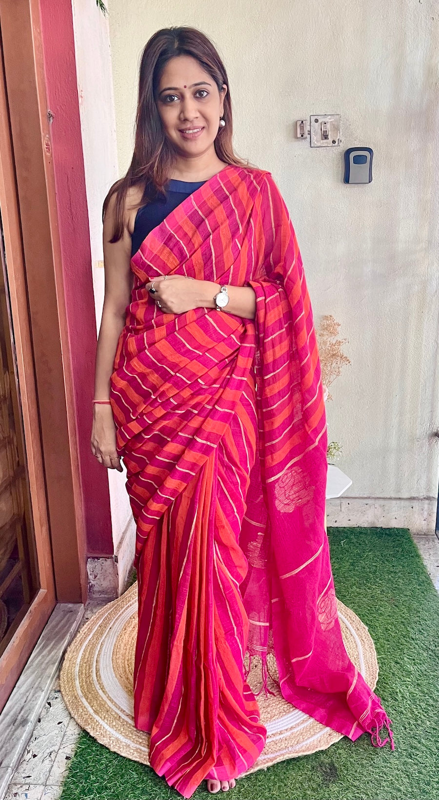 Orange and Pink Linen Saree with Stripes and Roses in Palla Saree Handloom saree, handcrafted saree, daily wear saree, office saree, affordable saree, saree for summers, Suta sarees, Eternity by Sakshi Sarees,