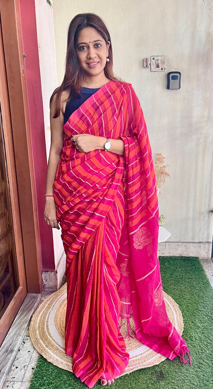 Orange and Pink Linen Saree with Stripes and Roses in Palla Saree Handloom saree, handcrafted saree, daily wear saree, office saree, affordable saree, saree for summers, Suta sarees, Eternity by Sakshi Sarees,