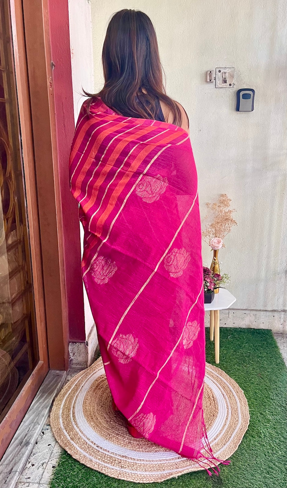 Orange and Pink Linen Saree with Stripes and Roses in Palla Saree Handloom saree, handcrafted saree, daily wear saree, office saree, affordable saree, saree for summers, Suta sarees, Eternity by Sakshi Sarees,