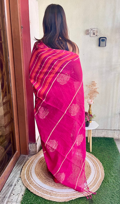 Orange and Pink Linen Saree with Stripes and Roses in Palla Saree Handloom saree, handcrafted saree, daily wear saree, office saree, affordable saree, saree for summers, Suta sarees, Eternity by Sakshi Sarees,