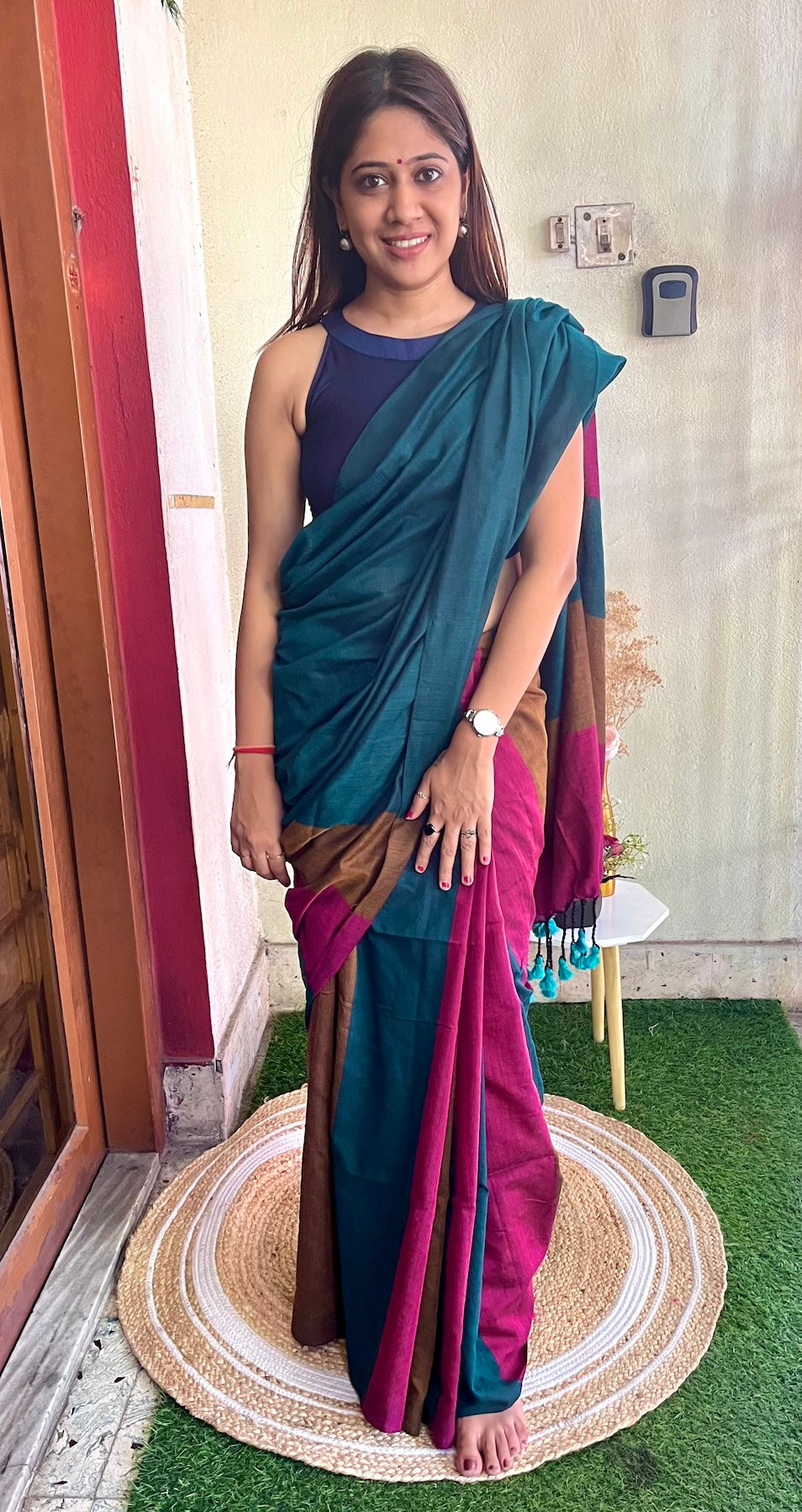 Colourblock Khadi Cotton Saree Saree Handloom saree, handcrafted saree, daily wear saree, office saree, affordable saree, saree for summers, Suta sarees, Eternity by Sakshi Sarees,