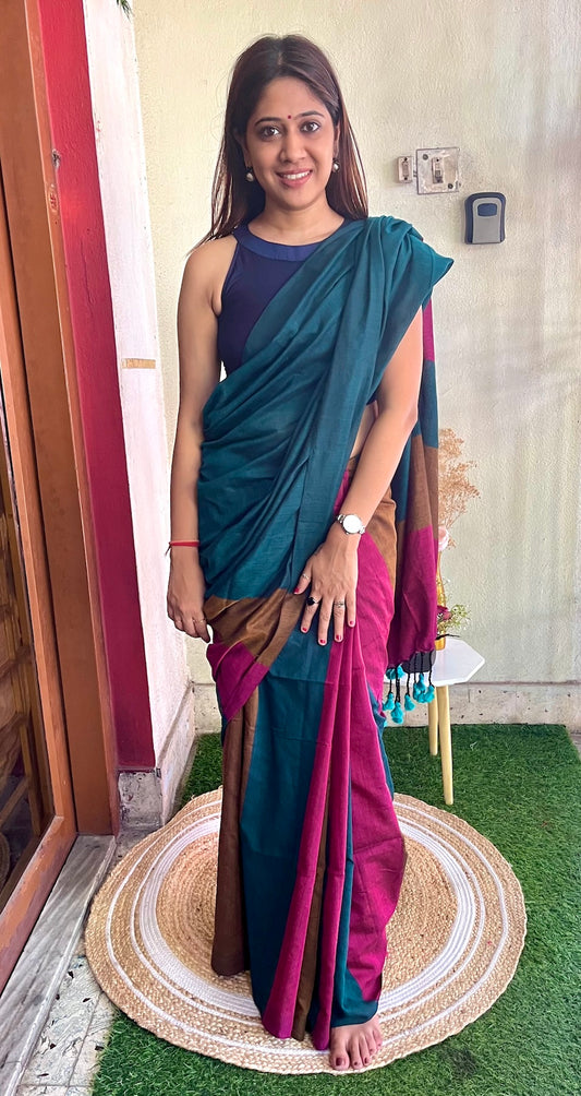 Colourblock Khadi Cotton Saree Saree Handloom saree, handcrafted saree, daily wear saree, office saree, affordable saree, saree for summers, Suta sarees, Eternity by Sakshi Sarees,