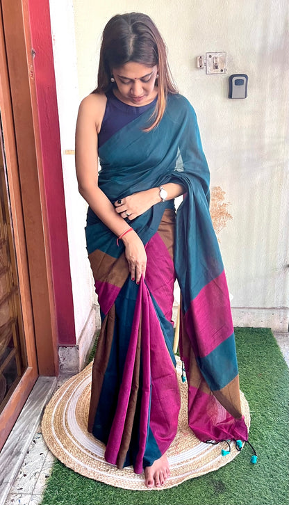 Colourblock Khadi Cotton Saree Saree Handloom saree, handcrafted saree, daily wear saree, office saree, affordable saree, saree for summers, Suta sarees, Eternity by Sakshi Sarees,