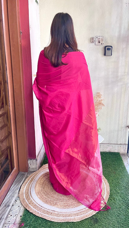 Pink Khadi Cotton with Silver & Copper Zari Palla Saree Handloom saree, handcrafted saree, daily wear saree, office saree, affordable saree, saree for summers, Suta sarees, Eternity by Sakshi Sarees,