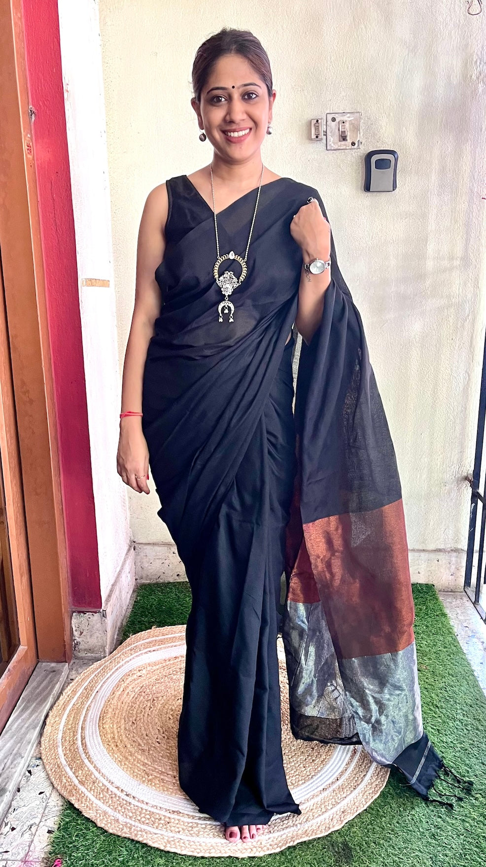 Black Khadi Cotton with Silver & Copper Zari Palla Saree Handloom saree, handcrafted saree, daily wear saree, office saree, affordable saree, saree for summers, Suta sarees, Eternity by Sakshi Sarees,