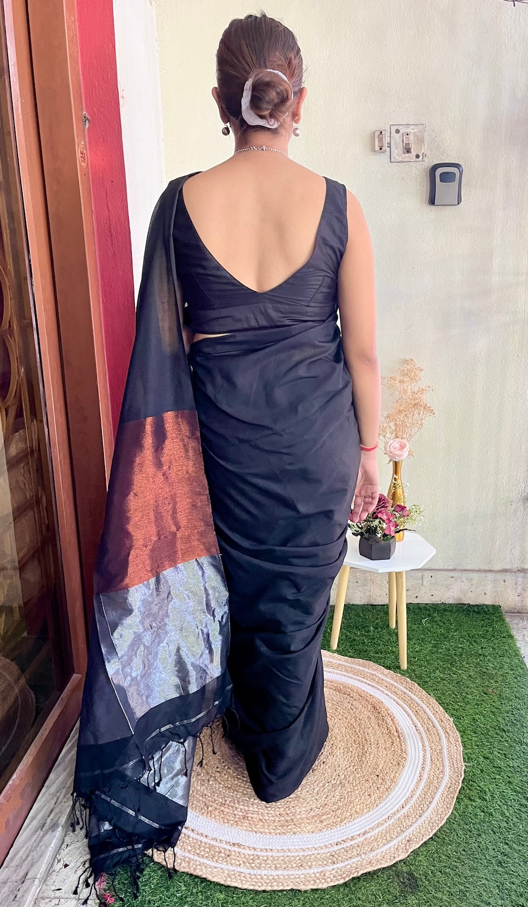 Black Khadi Cotton with Silver & Copper Zari Palla Saree Handloom saree, handcrafted saree, daily wear saree, office saree, affordable saree, saree for summers, Suta sarees, Eternity by Sakshi Sarees,