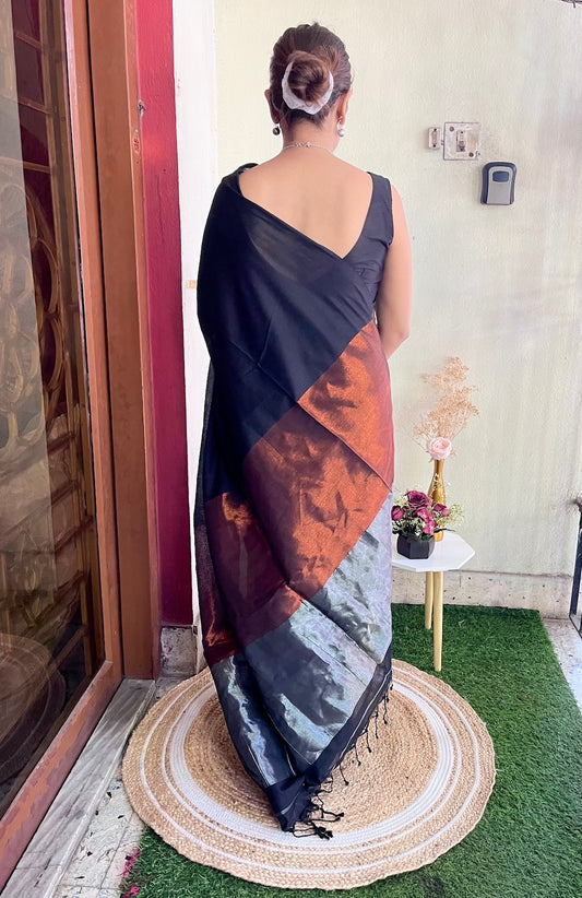 Black Khadi Cotton with Silver & Copper Zari Palla Saree Handloom saree, handcrafted saree, daily wear saree, office saree, affordable saree, saree for summers, Suta sarees, Eternity by Sakshi Sarees,