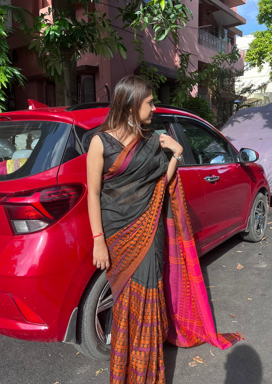 Black Begumpuri Cotton Saree with Heavy Orange Embrodiered Border Saree Handloom saree, handcrafted saree, daily wear saree, office saree, affordable saree, saree for summers, Suta sarees, Eternity by Sakshi Sarees,
