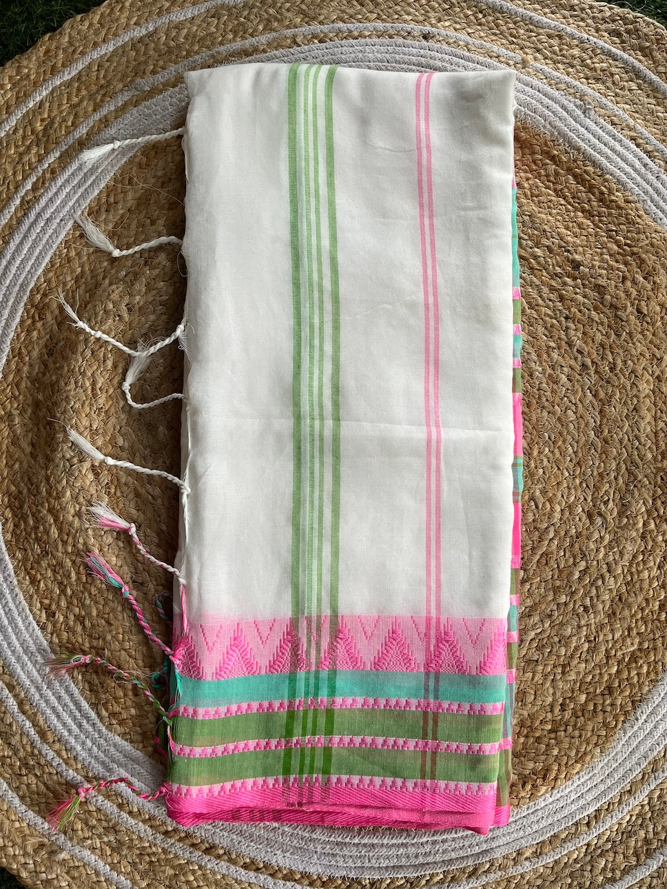 White Begumpuri Cotton Saree with Multicolored Border Saree Handloom saree, handcrafted saree, daily wear saree, office saree, affordable saree, saree for summers, Suta sarees, Eternity by Sakshi Sarees,