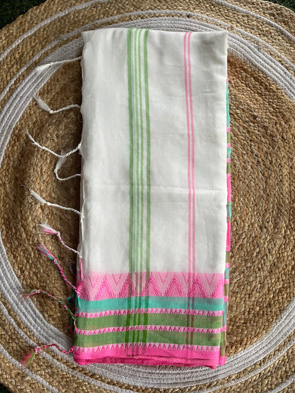 White Begumpuri Cotton Saree with Multicolored Border Saree Handloom saree, handcrafted saree, daily wear saree, office saree, affordable saree, saree for summers, Suta sarees, Eternity by Sakshi Sarees,