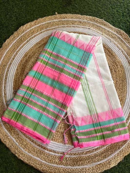 White Begumpuri Cotton Saree with Multicolored Border Saree Handloom saree, handcrafted saree, daily wear saree, office saree, affordable saree, saree for summers, Suta sarees, Eternity by Sakshi Sarees,