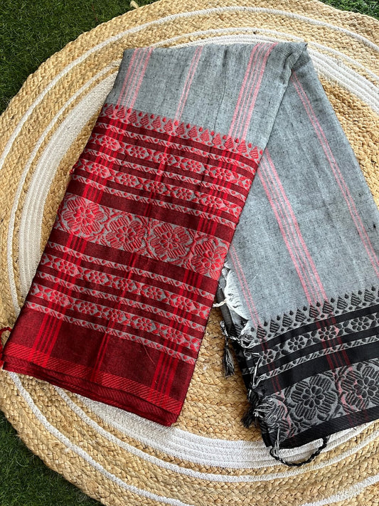 Grey Begumpuri Cotton Saree with Heavy Black and Red Embrodiered Border Saree Handloom saree, handcrafted saree, daily wear saree, office saree, affordable saree, saree for summers, Suta sarees, Eternity by Sakshi Sarees,