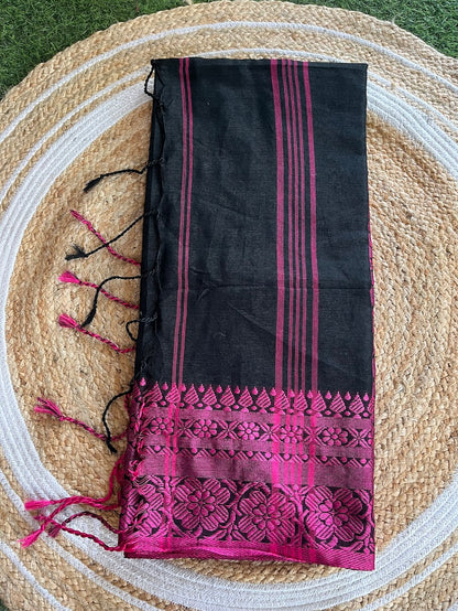 Black Begumpuri Cotton Saree with Heavy Pink Embrodiered Border Saree Handloom saree, handcrafted saree, daily wear saree, office saree, affordable saree, saree for summers, Suta sarees, Eternity by Sakshi Sarees,