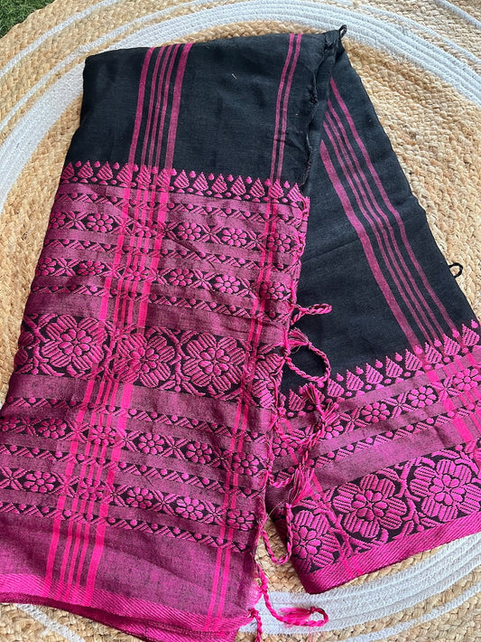 Black Begumpuri Cotton Saree with Heavy Pink Embrodiered Border Saree Handloom saree, handcrafted saree, daily wear saree, office saree, affordable saree, saree for summers, Suta sarees, Eternity by Sakshi Sarees,