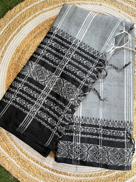 Grey Begumpuri Cotton Saree with Heavy Black Embrodiered Border Saree Handloom saree, handcrafted saree, daily wear saree, office saree, affordable saree, saree for summers, Suta sarees, Eternity by Sakshi Sarees,
