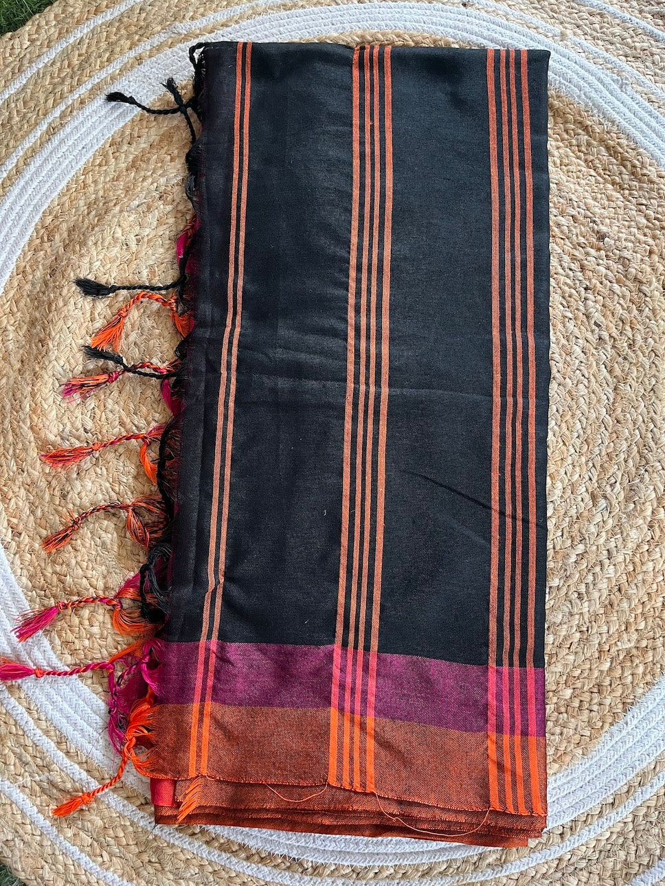 Black Begumpuri Cotton Saree with Heavy Orange Embrodiered Border Saree Handloom saree, handcrafted saree, daily wear saree, office saree, affordable saree, saree for summers, Suta sarees, Eternity by Sakshi Sarees,