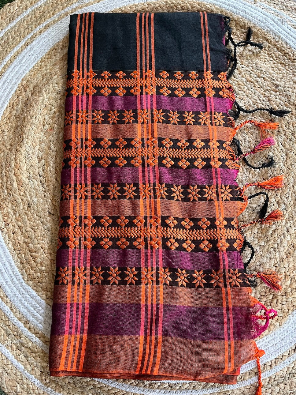 Black Begumpuri Cotton Saree with Heavy Orange Embrodiered Border Saree Handloom saree, handcrafted saree, daily wear saree, office saree, affordable saree, saree for summers, Suta sarees, Eternity by Sakshi Sarees,