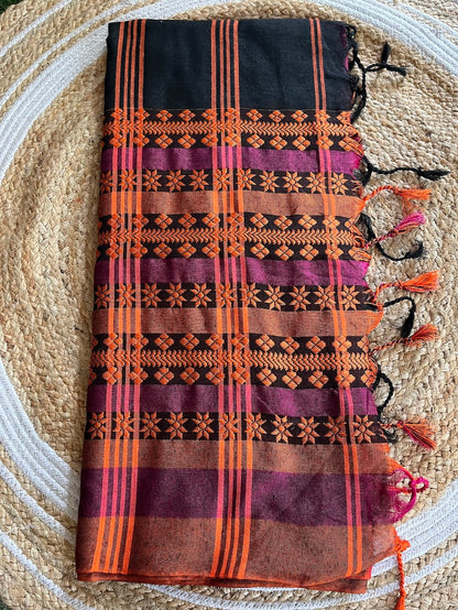 Black Begumpuri Cotton Saree with Heavy Orange Embrodiered Border Saree Handloom saree, handcrafted saree, daily wear saree, office saree, affordable saree, saree for summers, Suta sarees, Eternity by Sakshi Sarees,