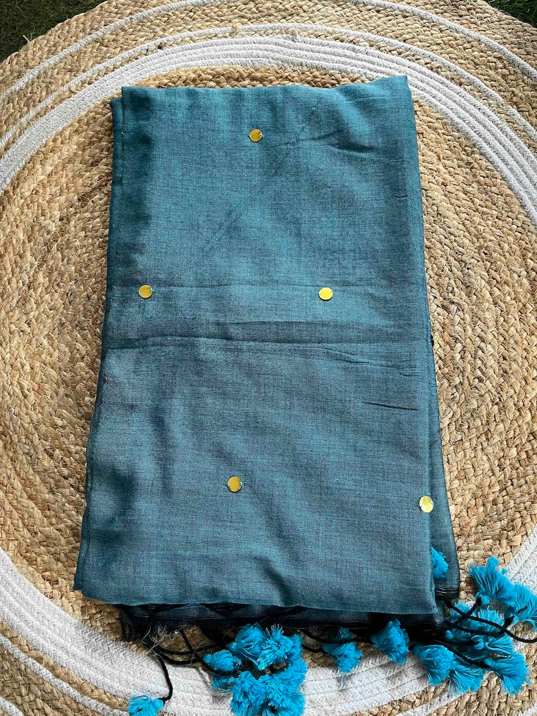 Steel Blue Mul Cotton Saree with All Over Golden Ginni Saree Handloom saree, handcrafted saree, daily wear saree, office saree, affordable saree, saree for summers, Suta sarees, Eternity by Sakshi Sarees,