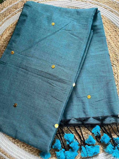 Steel Blue Mul Cotton Saree with All Over Golden Ginni Saree Handloom saree, handcrafted saree, daily wear saree, office saree, affordable saree, saree for summers, Suta sarees, Eternity by Sakshi Sarees,