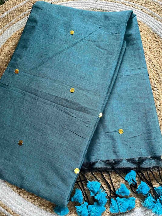 Steel Blue Mul Cotton Saree with All Over Golden Ginni Saree Handloom saree, handcrafted saree, daily wear saree, office saree, affordable saree, saree for summers, Suta sarees, Eternity by Sakshi Sarees,