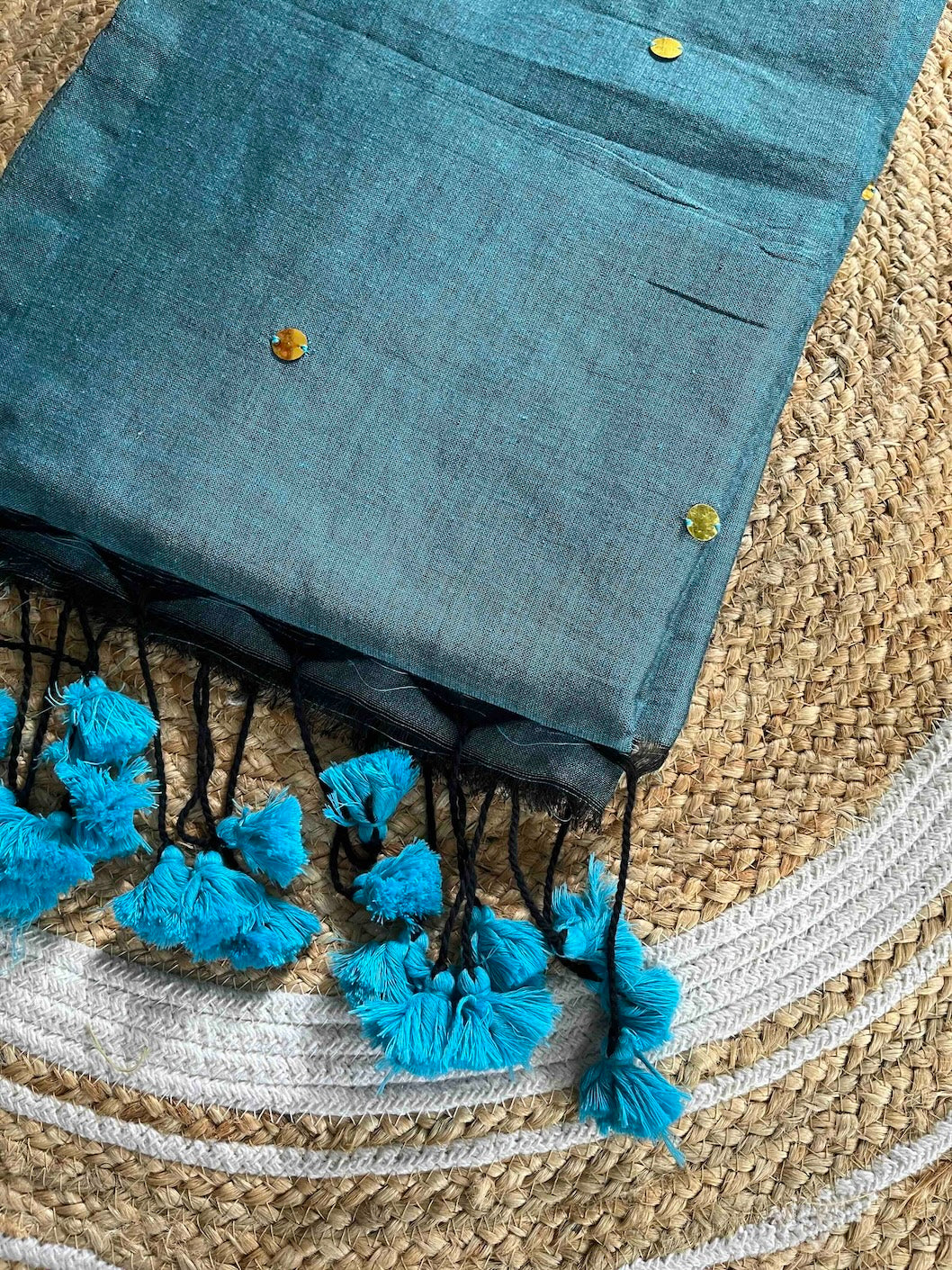 Steel Blue Mul Cotton Saree with All Over Golden Ginni Saree Handloom saree, handcrafted saree, daily wear saree, office saree, affordable saree, saree for summers, Suta sarees, Eternity by Sakshi Sarees,