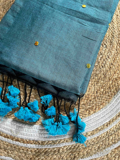 Steel Blue Mul Cotton Saree with All Over Golden Ginni Saree Handloom saree, handcrafted saree, daily wear saree, office saree, affordable saree, saree for summers, Suta sarees, Eternity by Sakshi Sarees,