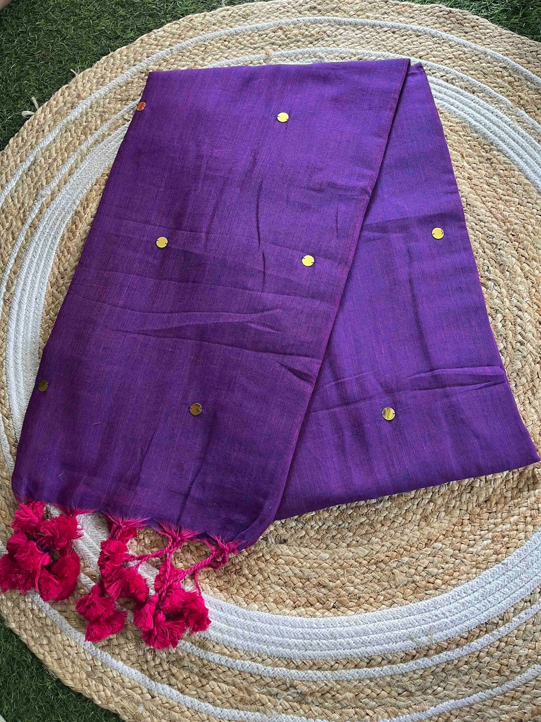 Purple Mul Cotton Saree with All Over Golden Ginni Saree Handloom saree, handcrafted saree, daily wear saree, office saree, affordable saree, saree for summers, Suta sarees, Eternity by Sakshi Sarees,