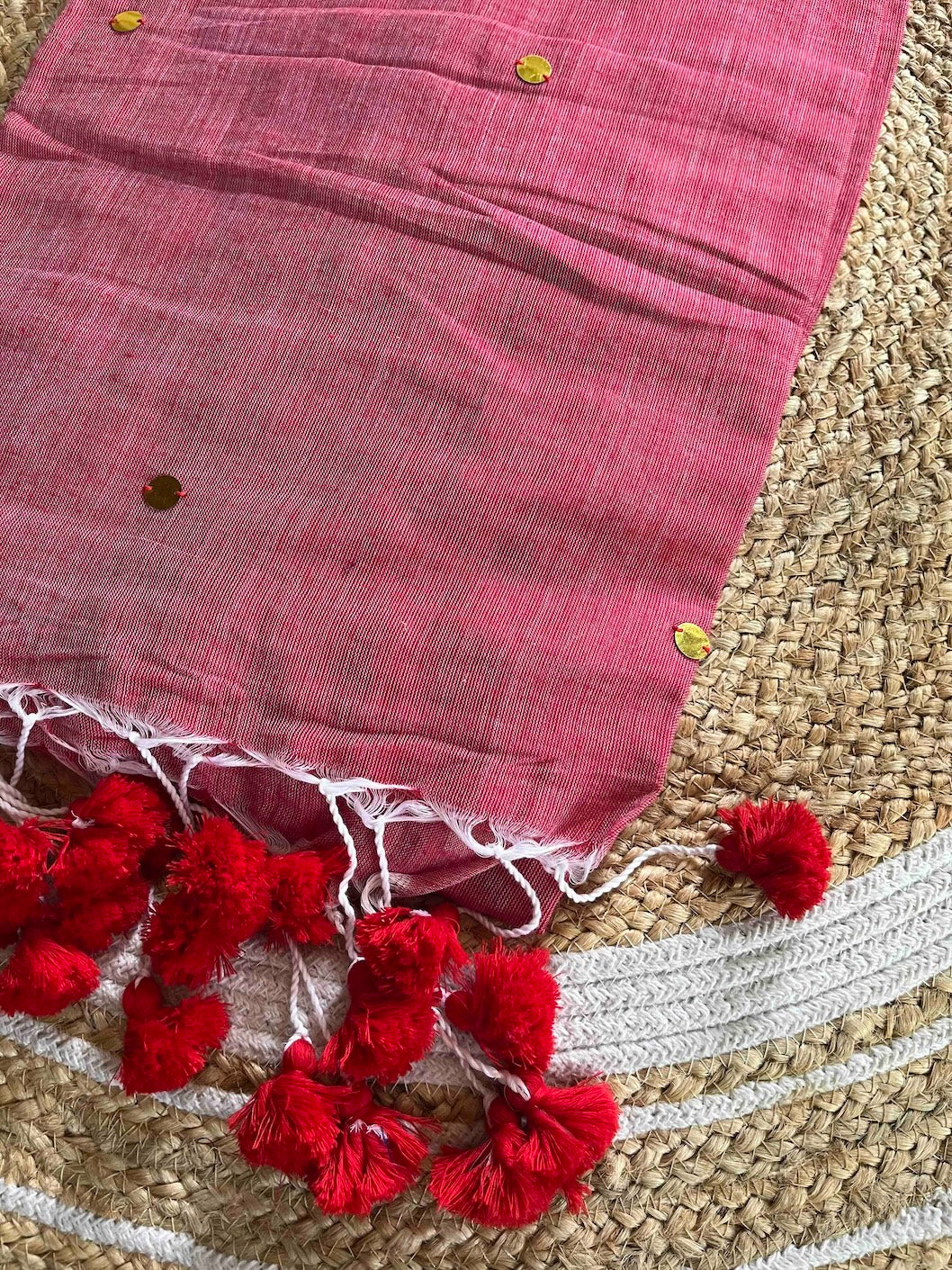 Peachy Pink Mul Cotton Saree with All Over Golden Ginni Saree Handloom saree, handcrafted saree, daily wear saree, office saree, affordable saree, saree for summers, Suta sarees, Eternity by Sakshi Sarees,