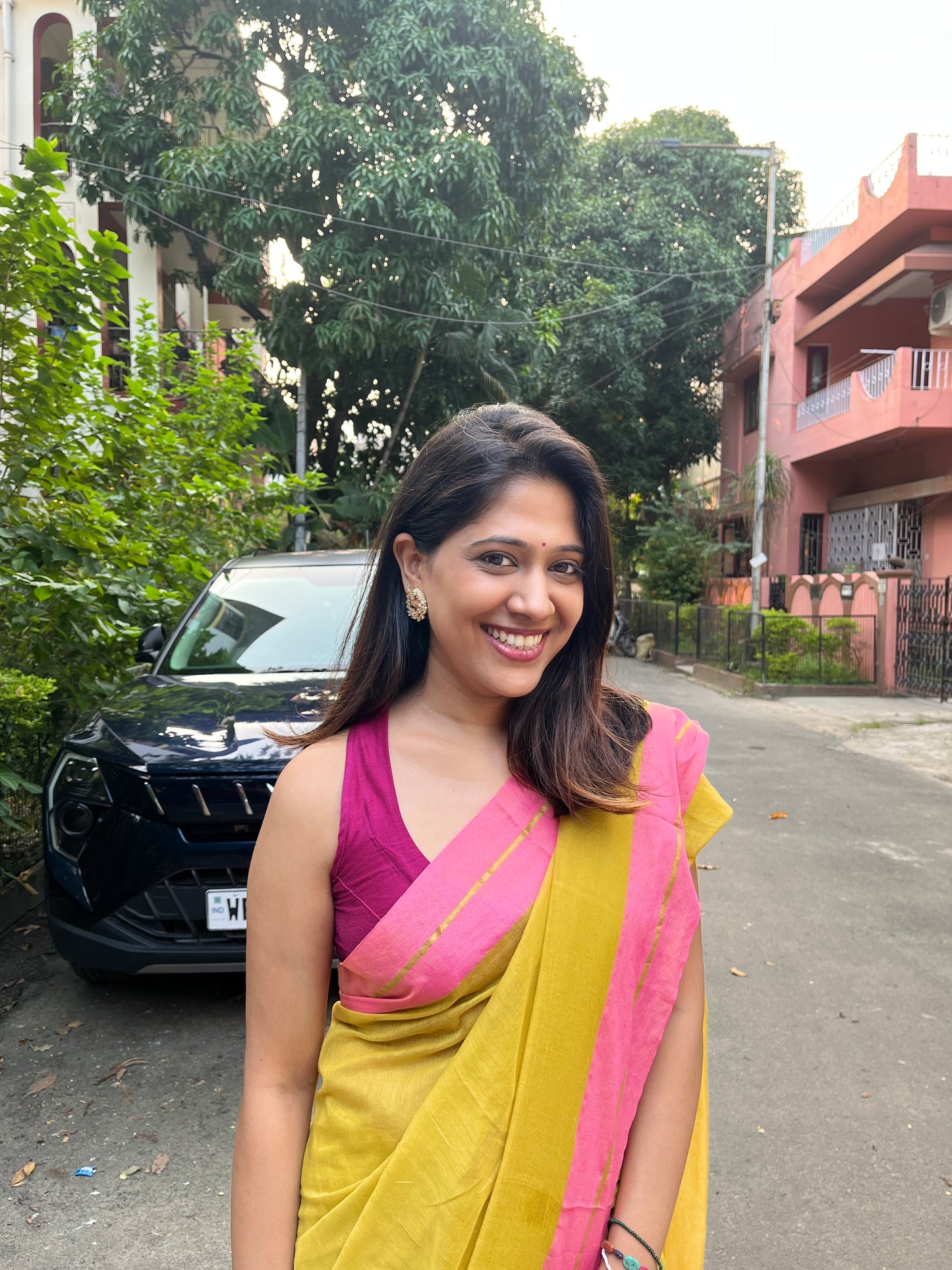 Marigold Handloom Mul Cotton Saree with Zari and Tassels