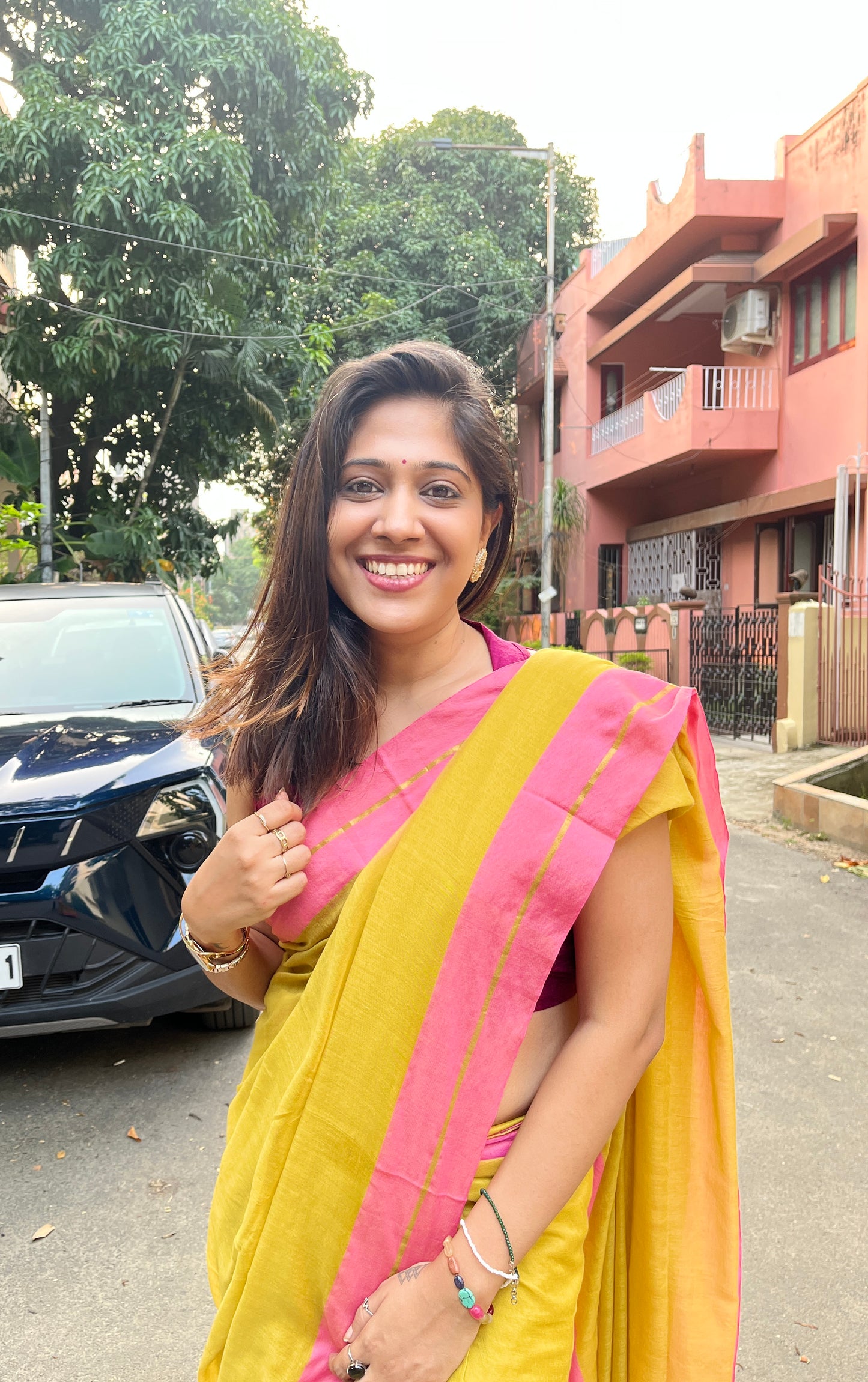 Marigold Handloom Mul Cotton Saree with Zari and Tassels