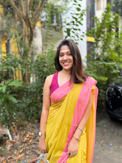 Marigold Handloom Mul Cotton Saree with Zari and Tassels