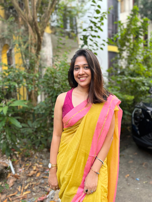 Marigold Handloom Mul Cotton Saree with Zari and Tassels